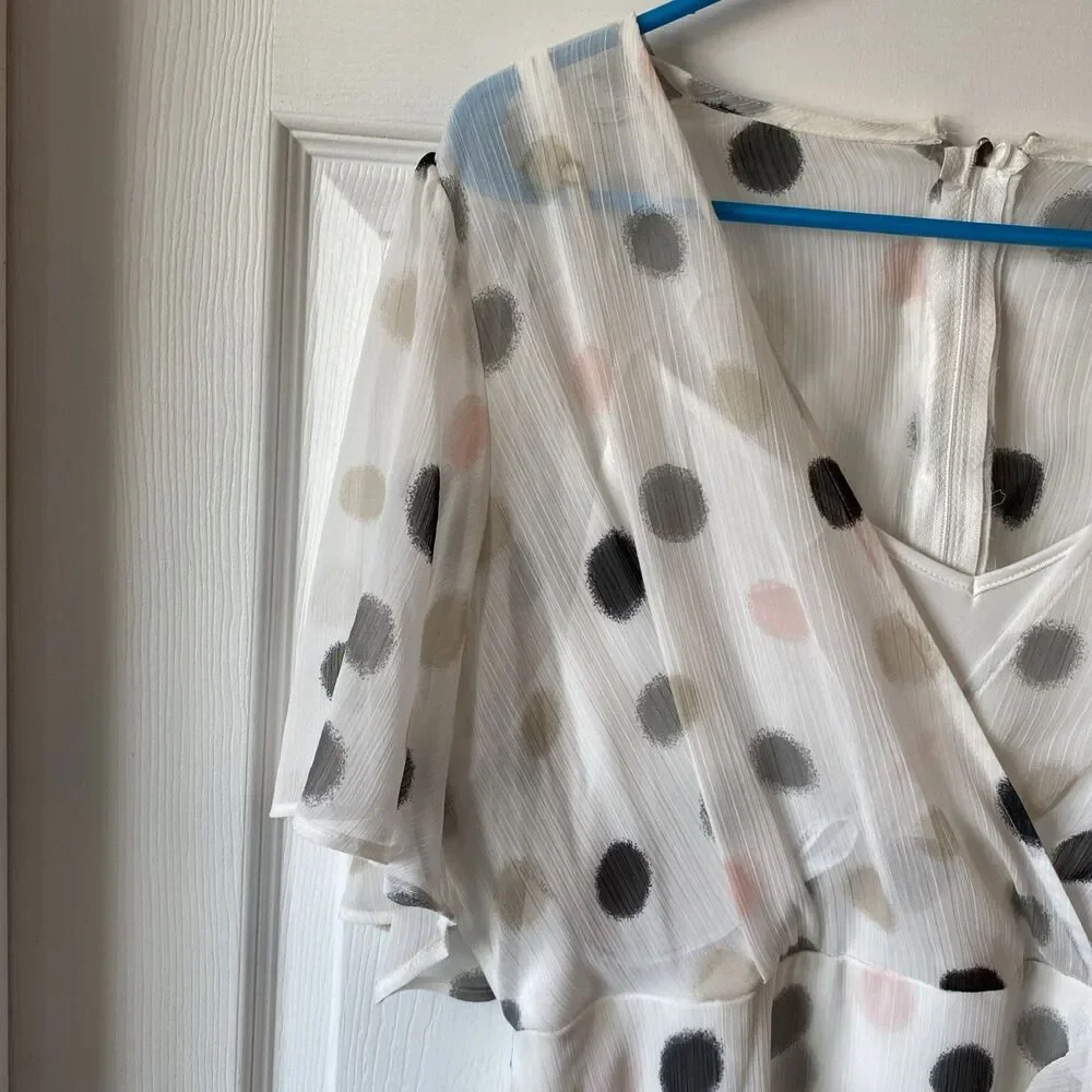 Calvin Klein Womens Chiffon Flutter Shift Dress Ivory Multi size 10 Polka Dot